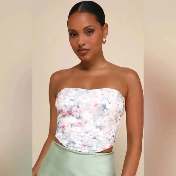 Lulus Certainty Blush Pink Floral Mesh Strapless Top - Picture 5 of 6